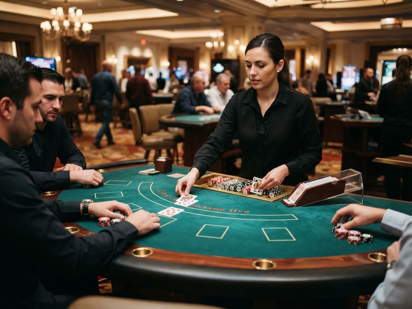 Croupier distribuant des cartes au blackjack en direct
