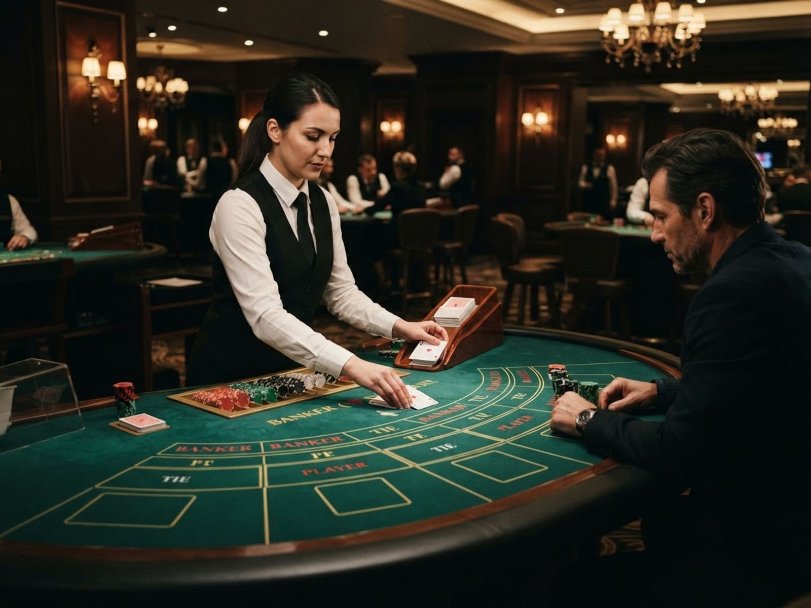 Table de baccarat en direct avec croupier et sabot