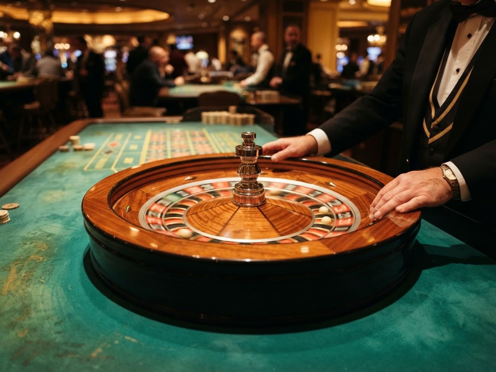 Roue de roulette en rotation sur la table du casino