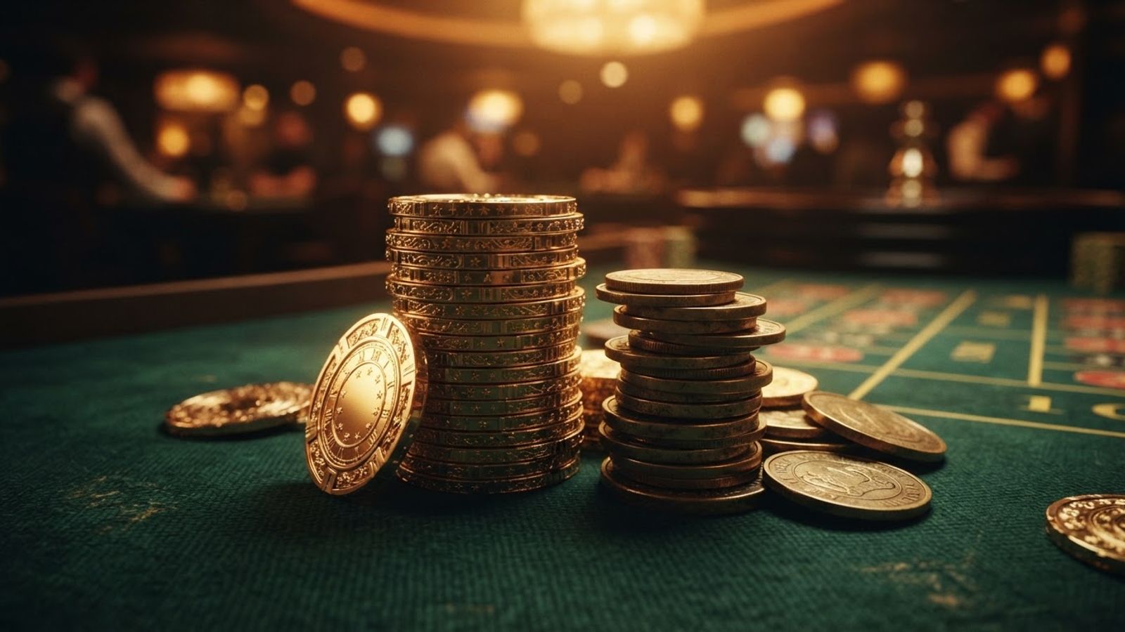 Jetons dorés et tours gratuits sur fond vert casino