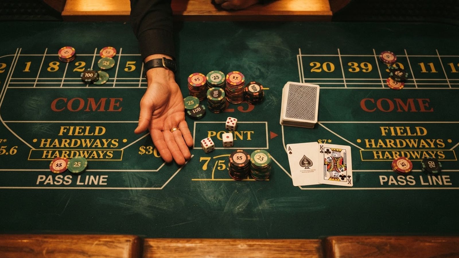 Casino en ligne vu de dessus avec cartes et jetons