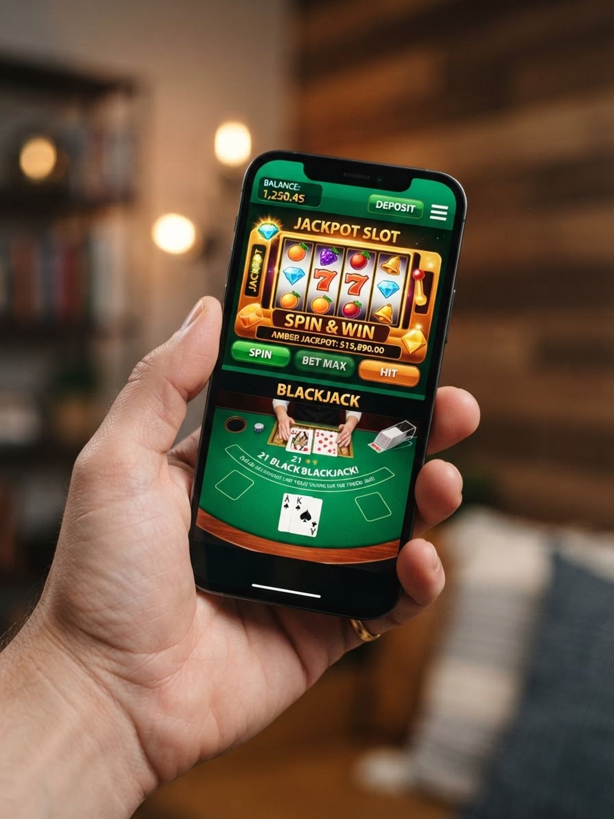 Smartphone affichant un casino en ligne sur fond vert