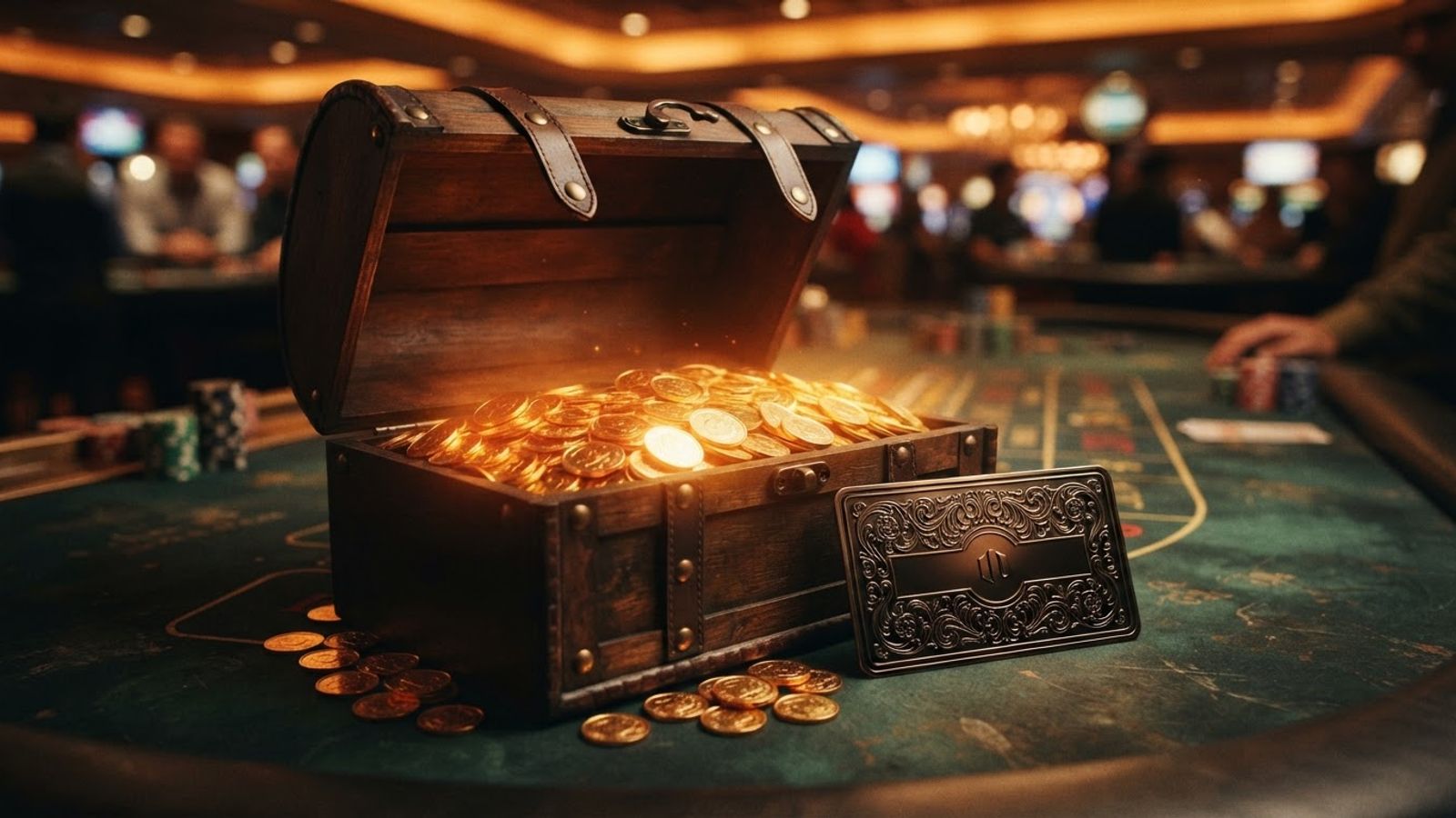 Coffre de récompenses et monnaie fidélité sur tapis vert
